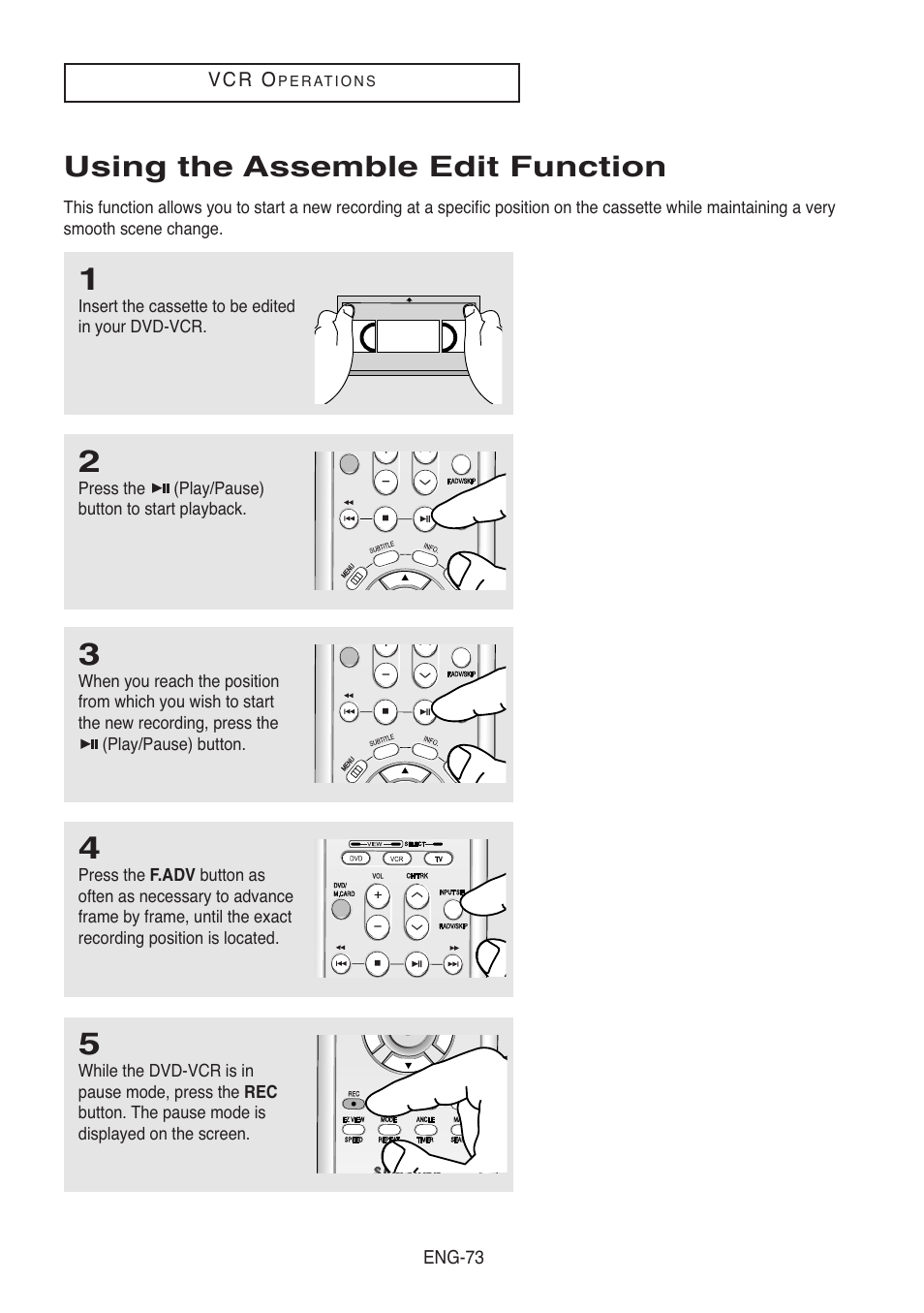 Using the assemble edit function | Samsung DVD-V8500-XAC User Manual | Page 73 / 88