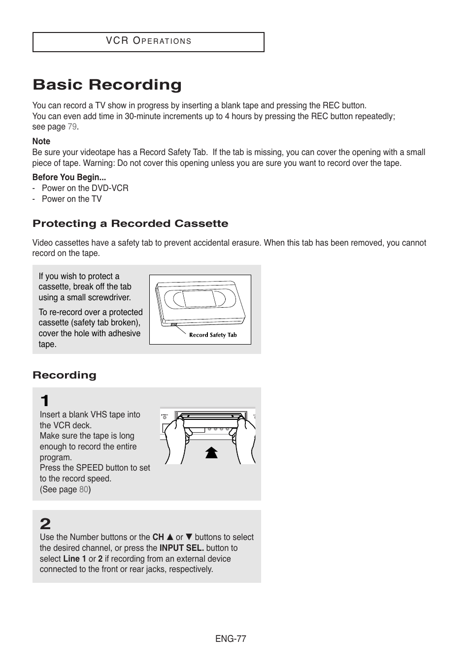 Basic recording, Protecting a recorded cassette, Recording | Samsung DVD-V8500-XAC User Manual | Page 77 / 88