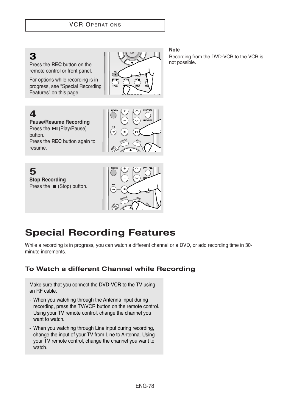 Special recording features, To watch a different channel while recording | Samsung DVD-V8500-XAC User Manual | Page 78 / 88