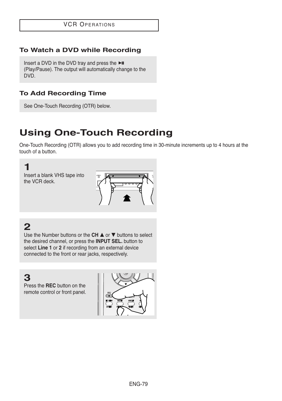 To watch a dvd while recording, To add recording time, Using one-touch recording | Samsung DVD-V8500-XAC User Manual | Page 79 / 88