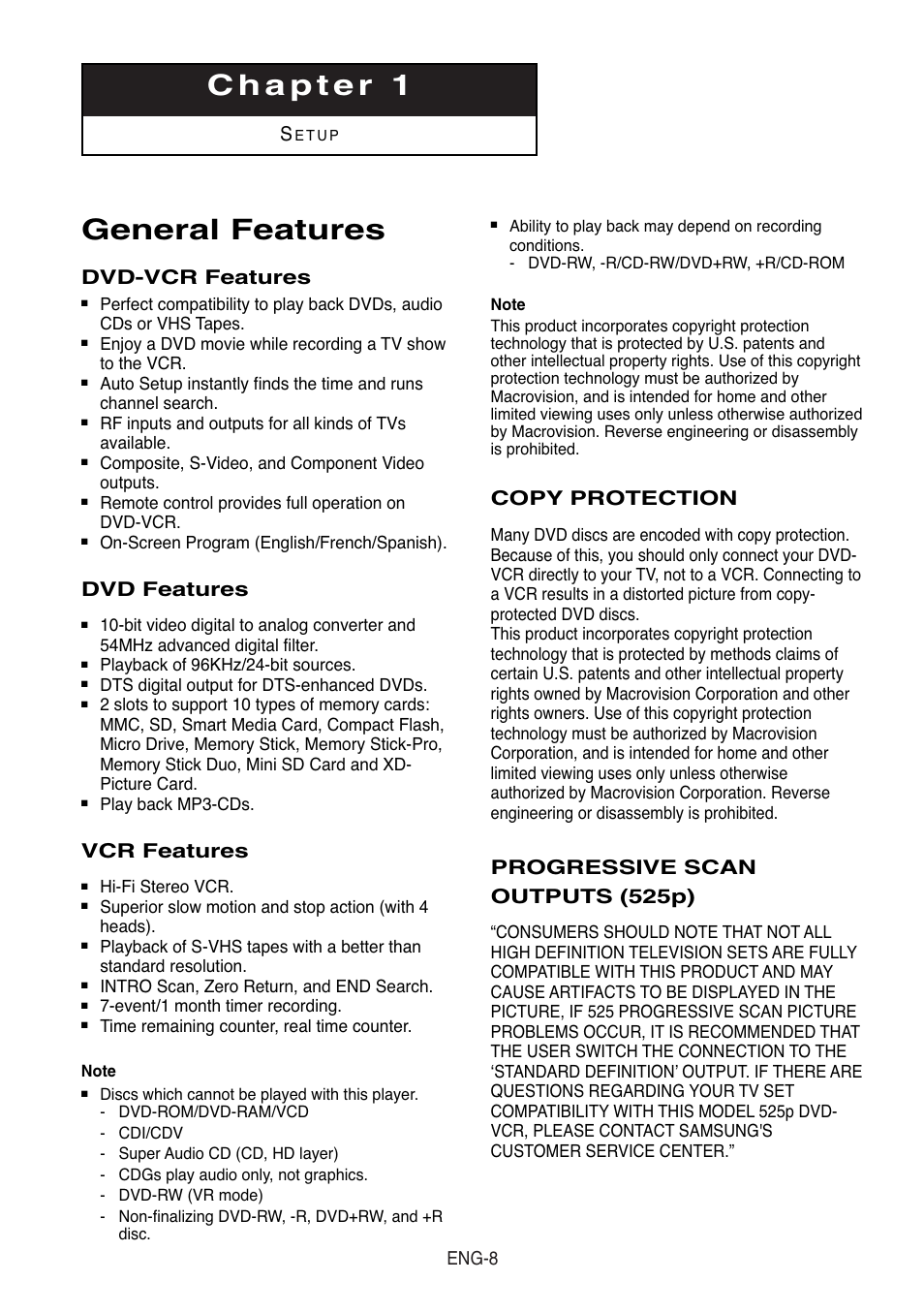 Chapter 1, General features, Dvd-vcr features | Dvd features, Vcr features, Copy protection, Progressive scan outputs (525p), Eng-8 | Samsung DVD-V8500-XAC User Manual | Page 8 / 88