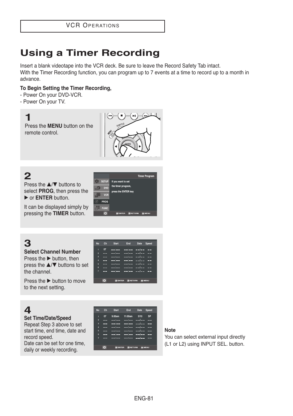 Using a timer recording, V c r o, Eng-81 | Press the menu button on the remote control | Samsung DVD-V8500-XAC User Manual | Page 81 / 88