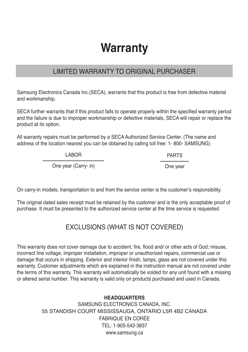 Warranty, Limited warranty to original purchaser, Exclusions (what is not covered) | Samsung DVD-V8500-XAC User Manual | Page 88 / 88