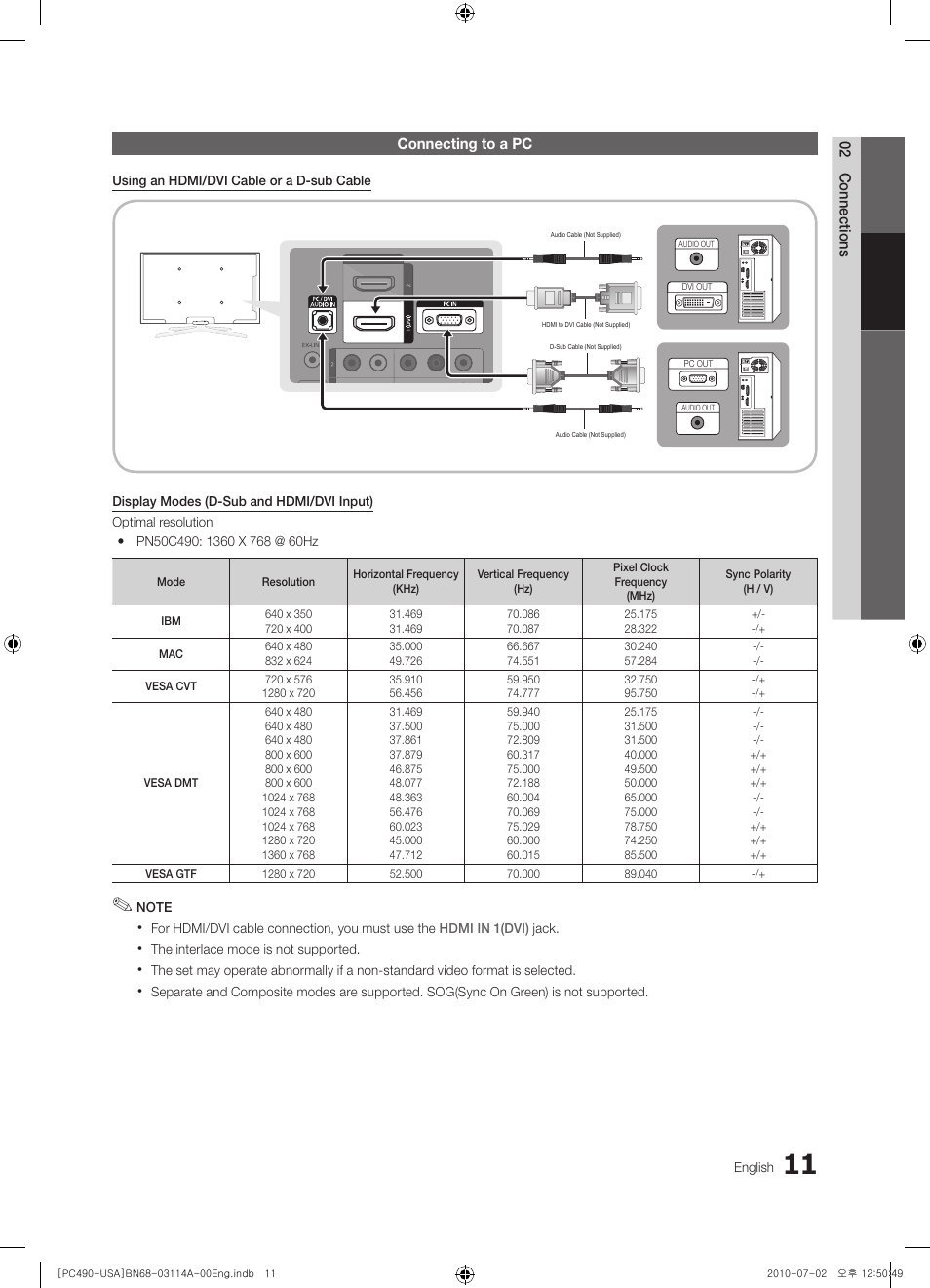 Connecting to a pc | Samsung PN50C490B3DXZA User Manual | Page 11 / 46