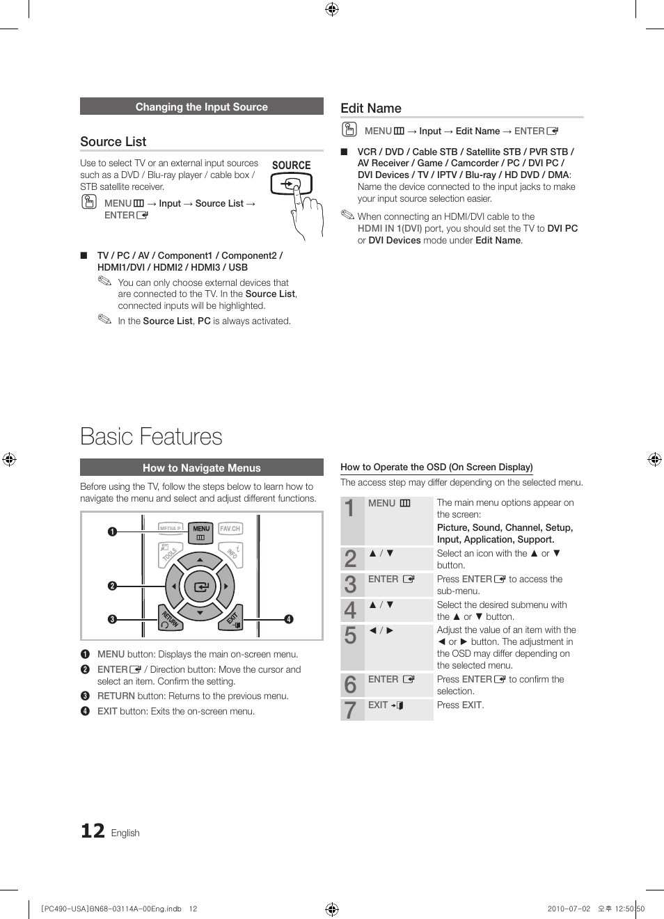 Changing the input source, Basic features, How to navigate menus | Source list, Edit name | Samsung PN50C490B3DXZA User Manual | Page 12 / 46