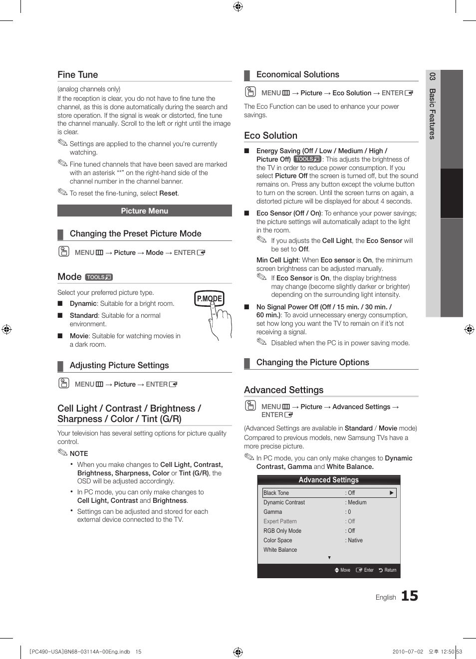 Picture menu, Changing the preset picture mode, Adjusting picture settings | Economical solutions, Changing the picture options | Samsung PN50C490B3DXZA User Manual | Page 15 / 46