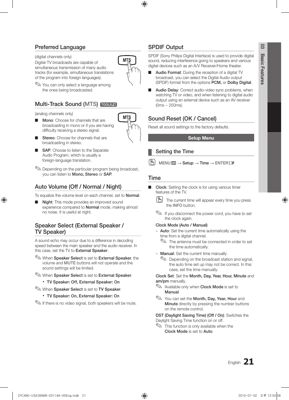 Setup menu, Setting the time | Samsung PN50C490B3DXZA User Manual | Page 21 / 46