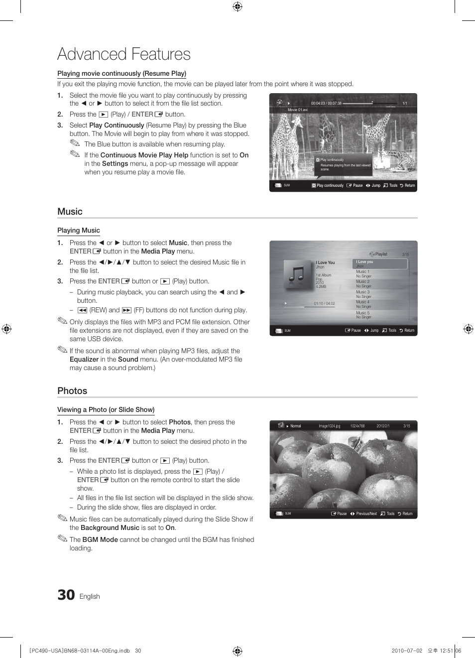 Advanced features, Music, Photos | Samsung PN50C490B3DXZA User Manual | Page 30 / 46