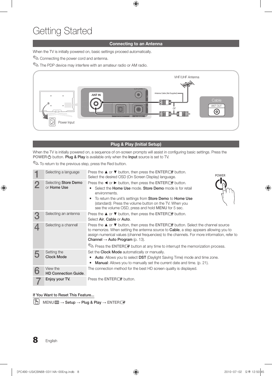 Connecting to an antenna, Plug & play (initial setup), Getting started | Samsung PN50C490B3DXZA User Manual | Page 8 / 46