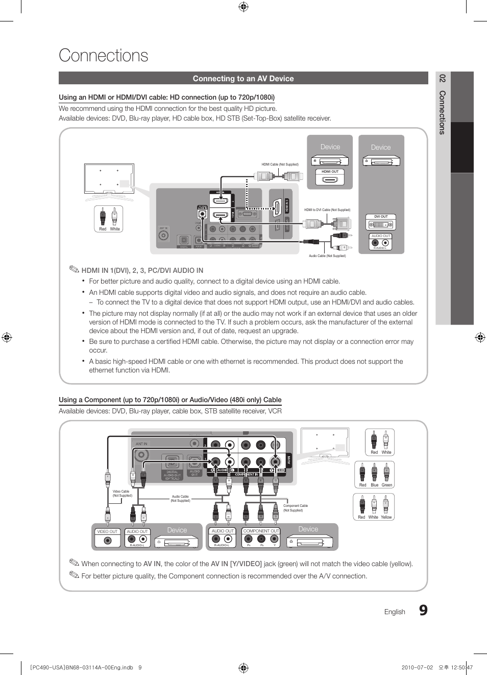 Connections, Connecting to an av device, 02 connections | Samsung PN50C490B3DXZA User Manual | Page 9 / 46