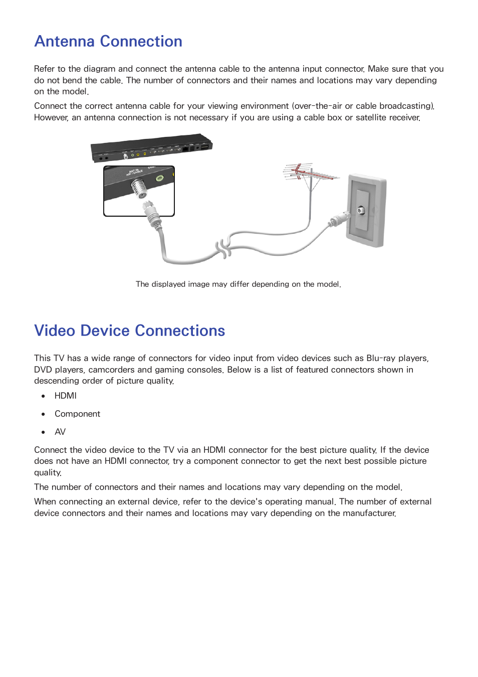 Getting started, Antenna connection, Video device connections | Samsung KN55S9CAFXZA User Manual | Page 10 / 172
