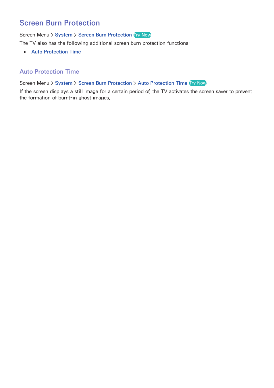 98 screen burn protection, Auto protection time, Screen burn protection | Samsung KN55S9CAFXZA User Manual | Page 105 / 172