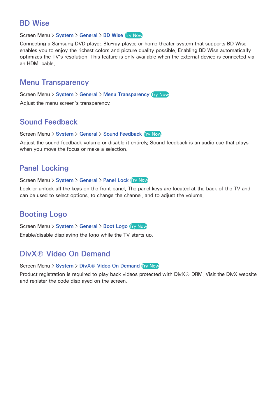 101 bd wise, 101 menu transparency, 101 sound feedback | 101 panel locking, 101 booting logo, 101 divx® video on demand, Bd wise, Menu transparency, Sound feedback, Panel locking | Samsung KN55S9CAFXZA User Manual | Page 108 / 172
