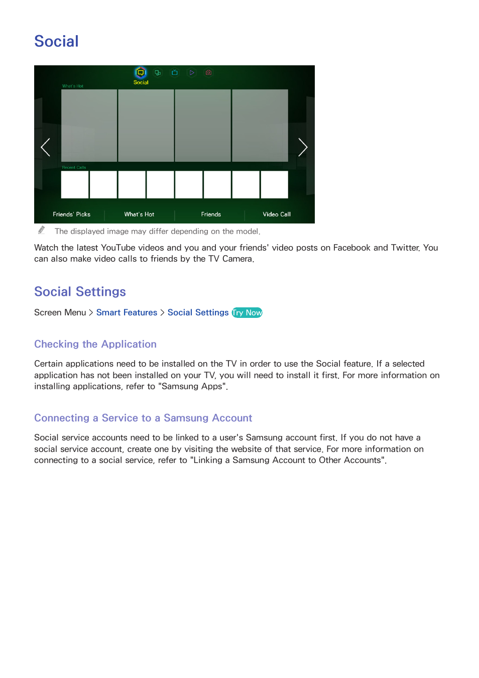Social, 107 social settings, 107 checking the application | 107 connecting a service to a samsung account, Social settings | Samsung KN55S9CAFXZA User Manual | Page 114 / 172
