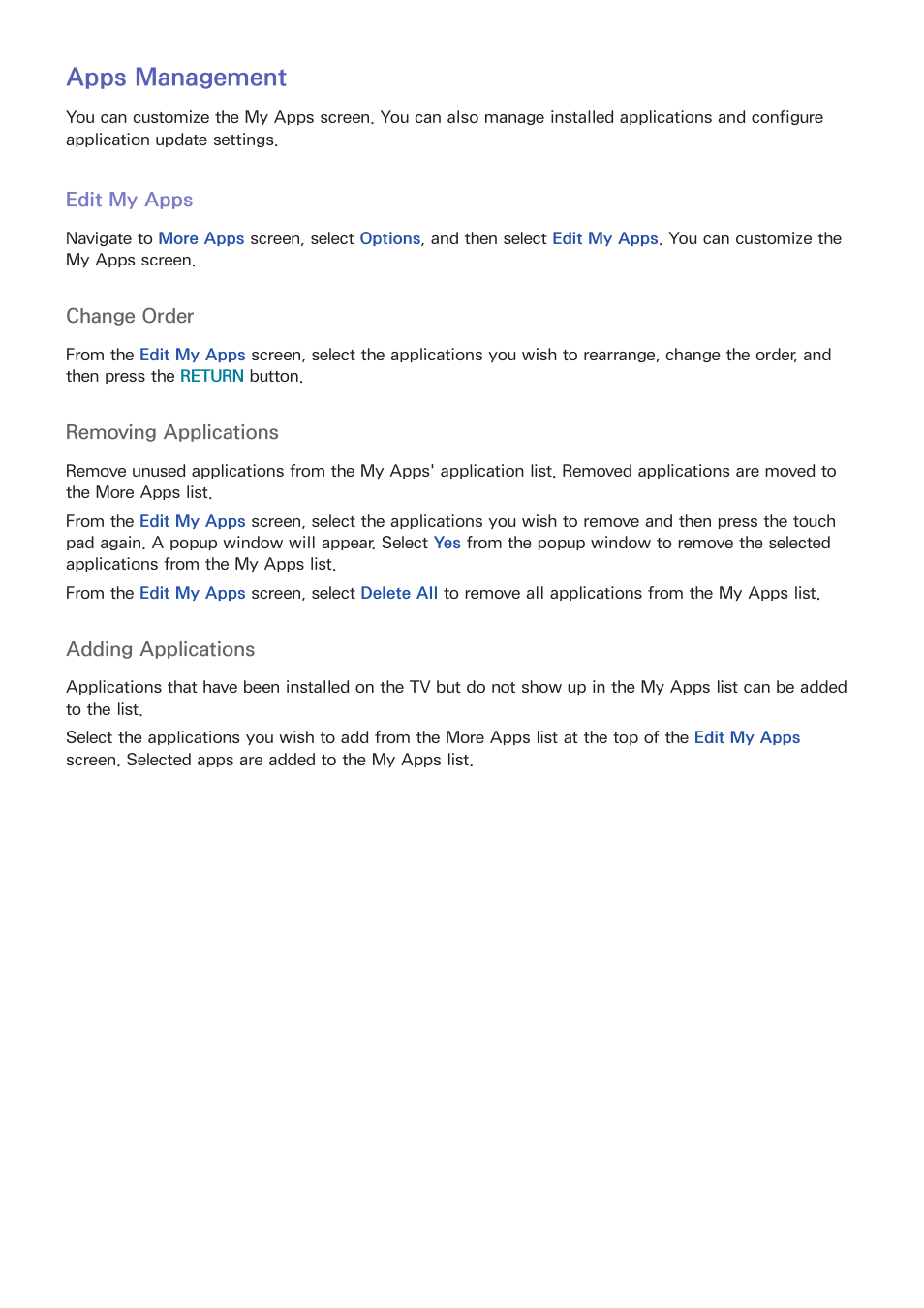 112 apps management, 112 edit my apps, Apps management | Samsung KN55S9CAFXZA User Manual | Page 119 / 172