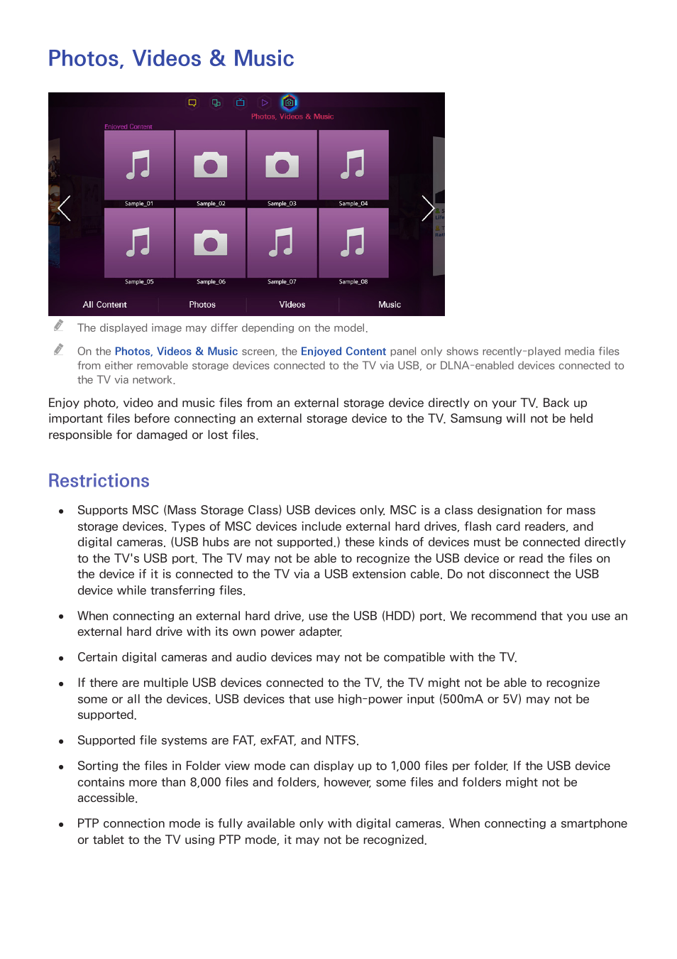 Photos, videos & music, 122 restrictions, Restrictions | Samsung KN55S9CAFXZA User Manual | Page 129 / 172