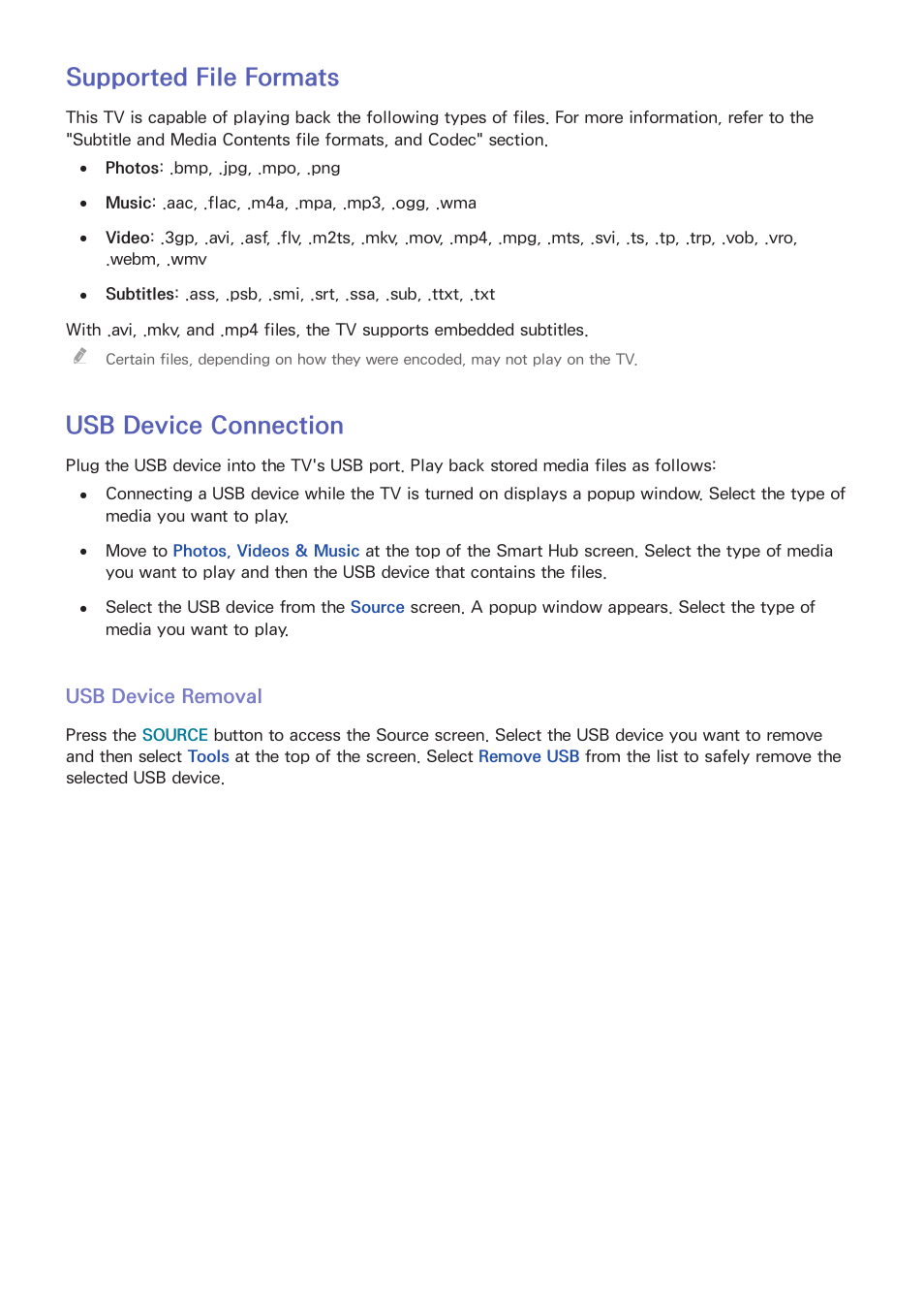 123 supported file formats, 123 usb device connection, 123 usb device removal | Supported file formats, Usb device connection | Samsung KN55S9CAFXZA User Manual | Page 130 / 172