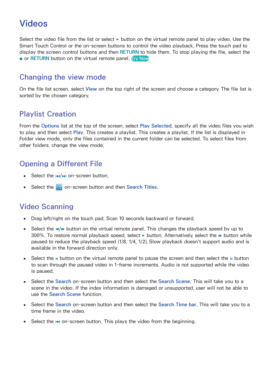 Videos, 126 changing the view mode, 126 playlist creation | 126 opening a different file, 126 video scanning, Changing the view mode, Playlist creation, Opening a different file, Video scanning | Samsung KN55S9CAFXZA User Manual | Page 133 / 172