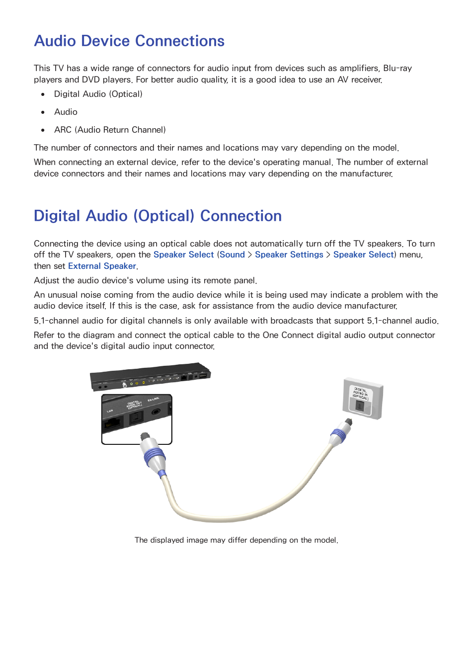 Audio device connections, Digital audio (optical) connection | Samsung KN55S9CAFXZA User Manual | Page 14 / 172