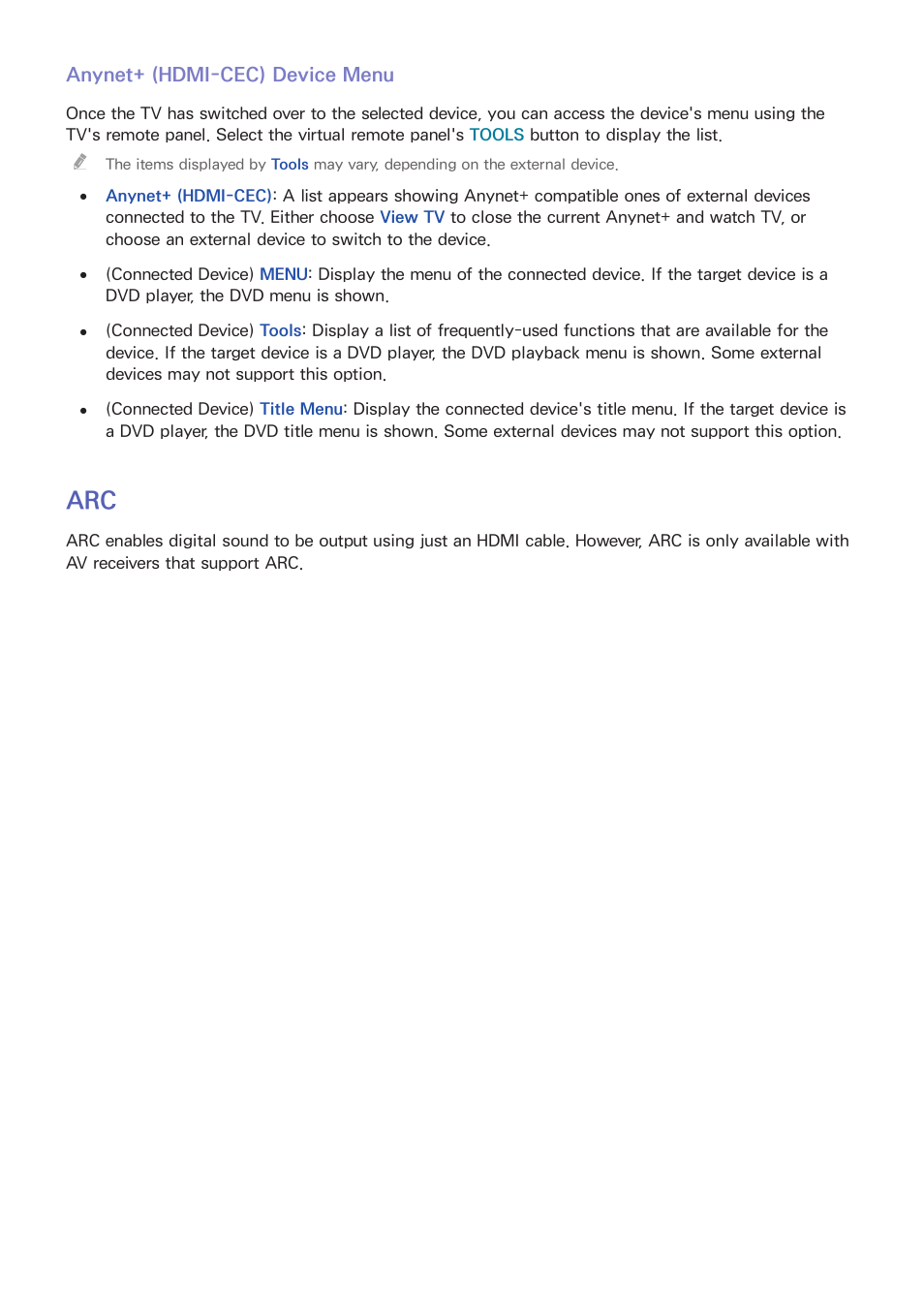 133 anynet+ (hdmi-cec) device menu, 133 arc | Samsung KN55S9CAFXZA User Manual | Page 140 / 172