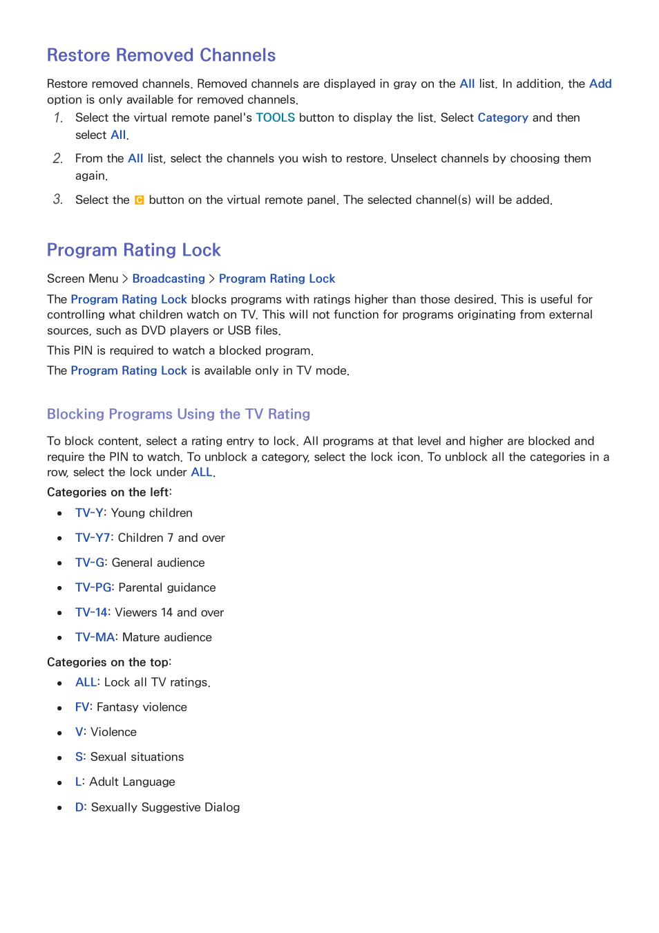 Restore removed channels, Program rating lock, Blocking programs using the tv rating | Samsung KN55S9CAFXZA User Manual | Page 23 / 172
