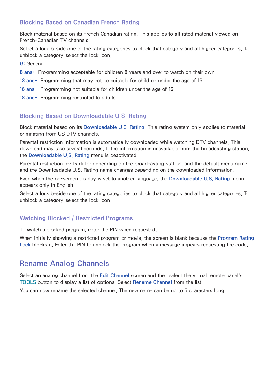 Blocking based on canadian french rating, Blocking based on downloadable u.s. rating, Watching blocked / restricted programs | Rename analog channels | Samsung KN55S9CAFXZA User Manual | Page 25 / 172