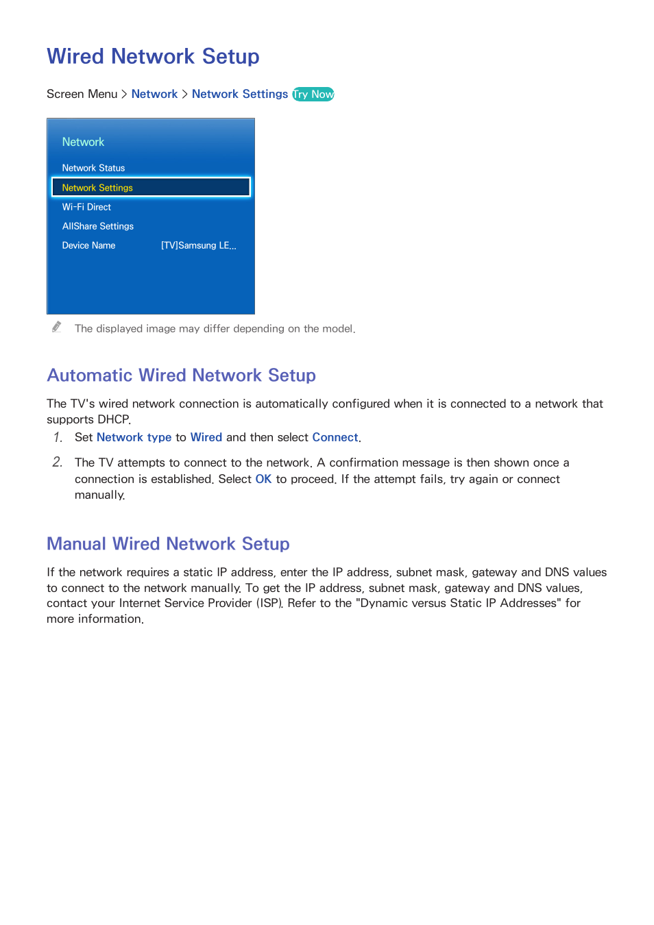 Wired network setup, 23 automatic wired network setup, 23 manual wired network setup | Automatic wired network setup, Manual wired network setup | Samsung KN55S9CAFXZA User Manual | Page 30 / 172