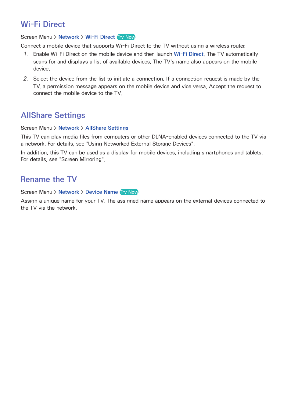 32 wi-fi direct, 32 allshare settings, 32 rename the tv | Wi-fi direct, Allshare settings, Rename the tv | Samsung KN55S9CAFXZA User Manual | Page 39 / 172