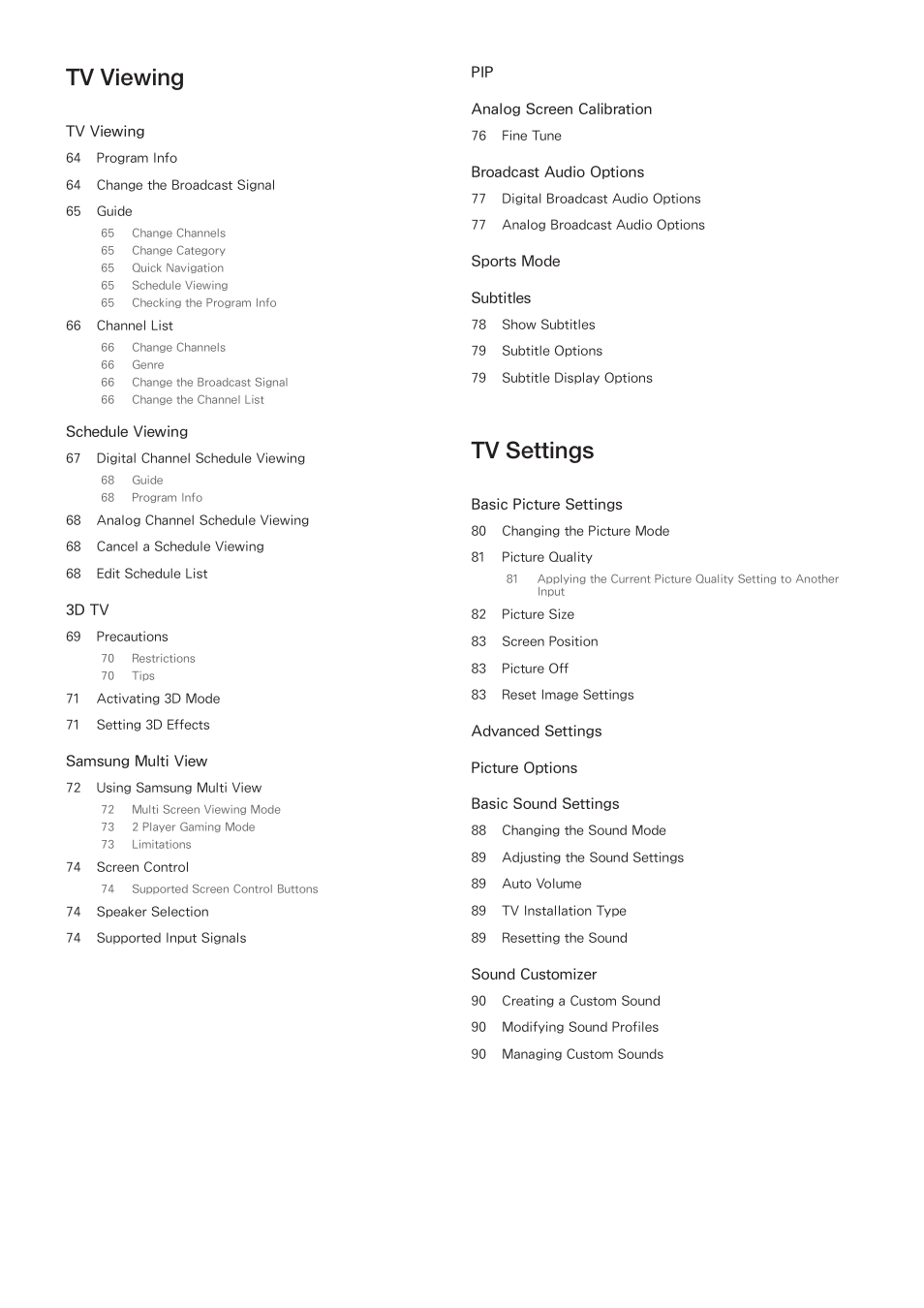 Tv viewing, Tv settings | Samsung KN55S9CAFXZA User Manual | Page 4 / 172