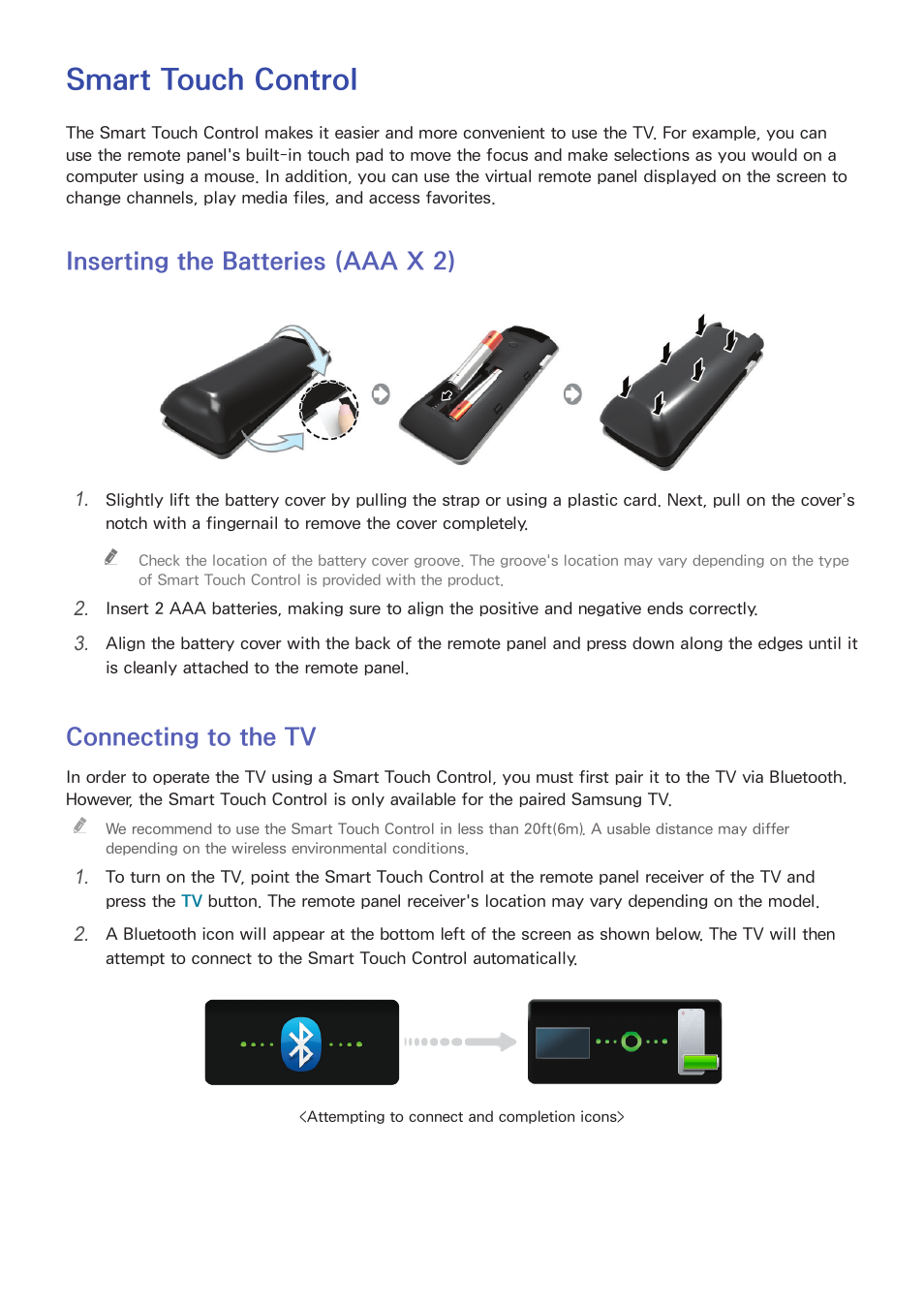 Controlling the tv, Smart touch control, 33 inserting the batteries (aaa x 2) | 33 connecting to the tv, Inserting the batteries (aaa x 2), Connecting to the tv | Samsung KN55S9CAFXZA User Manual | Page 40 / 172