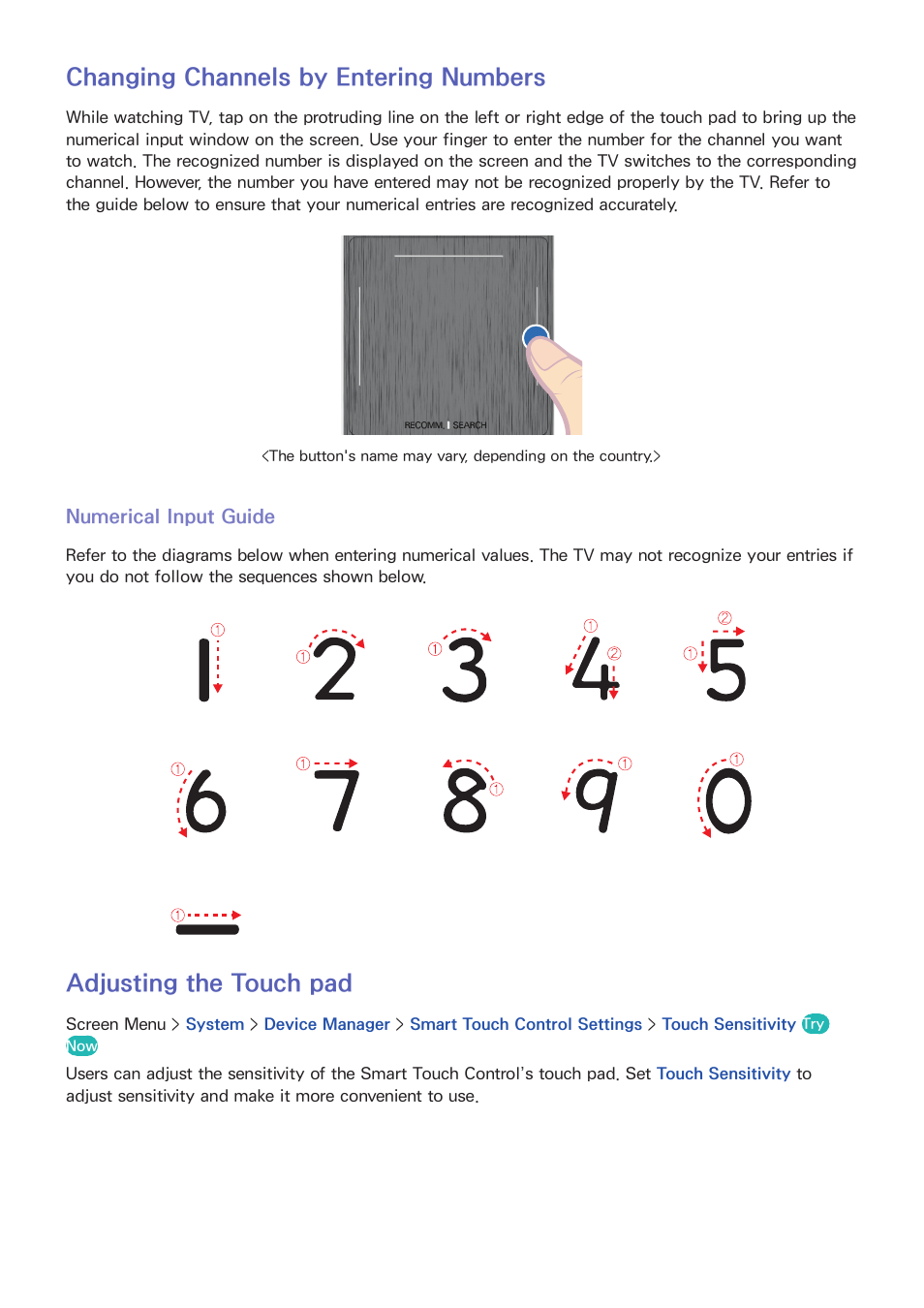 Changing channels by entering numbers, Numerical input guide, Adjusting the touch pad | Samsung KN55S9CAFXZA User Manual | Page 48 / 172