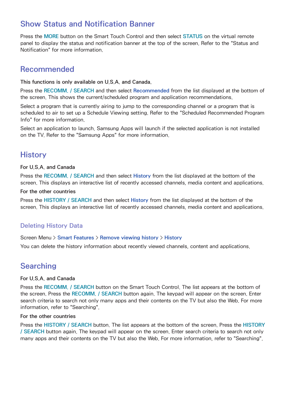 42 show status and notification banner, 42 recommended, 42 history | Deleting history data, 42 searching, Show status and notification banner, Recommended, History, Searching | Samsung KN55S9CAFXZA User Manual | Page 49 / 172