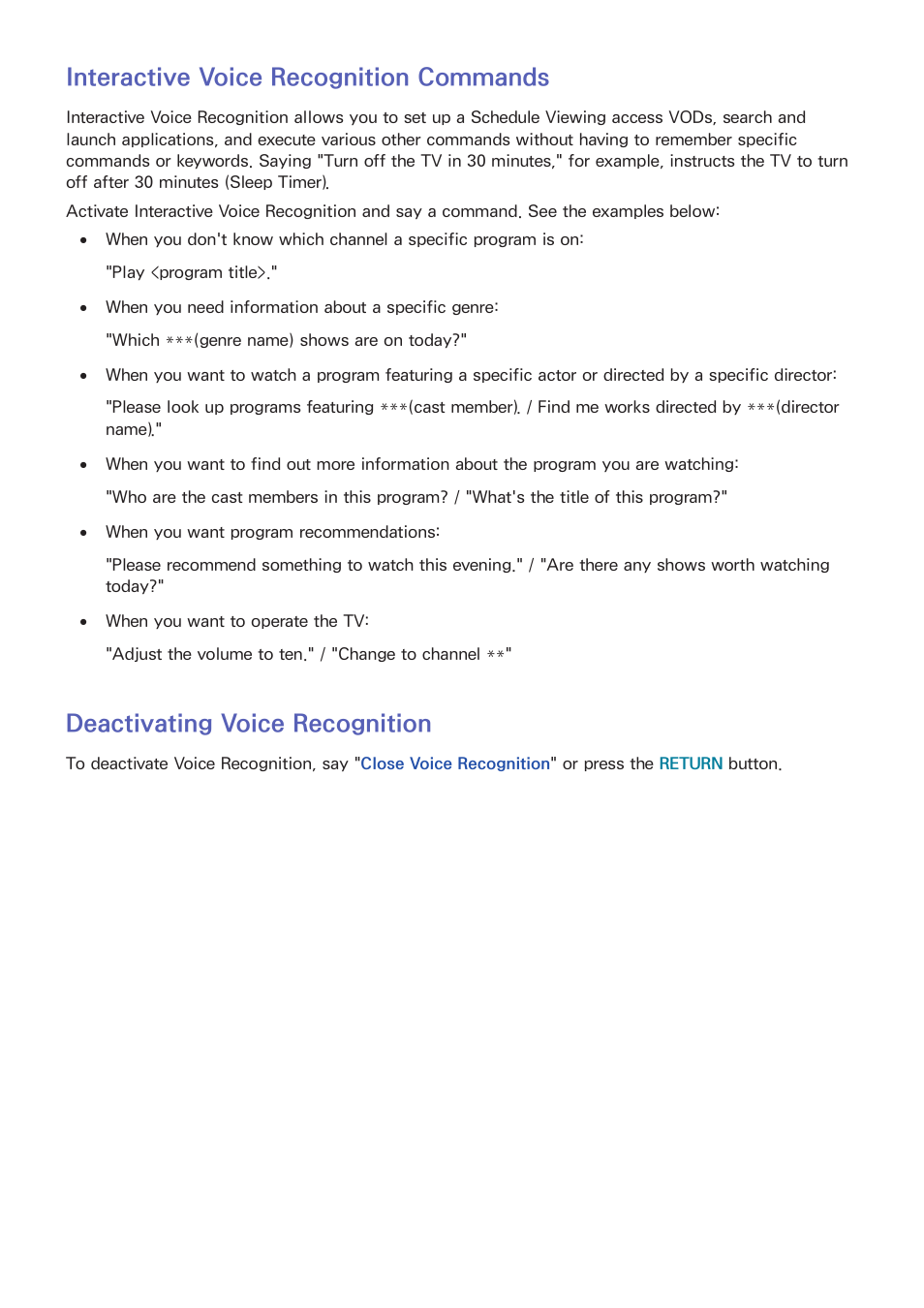 52 interactive voice recognition commands, 52 deactivating voice recognition, Interactive voice recognition commands | Deactivating voice recognition | Samsung KN55S9CAFXZA User Manual | Page 59 / 172