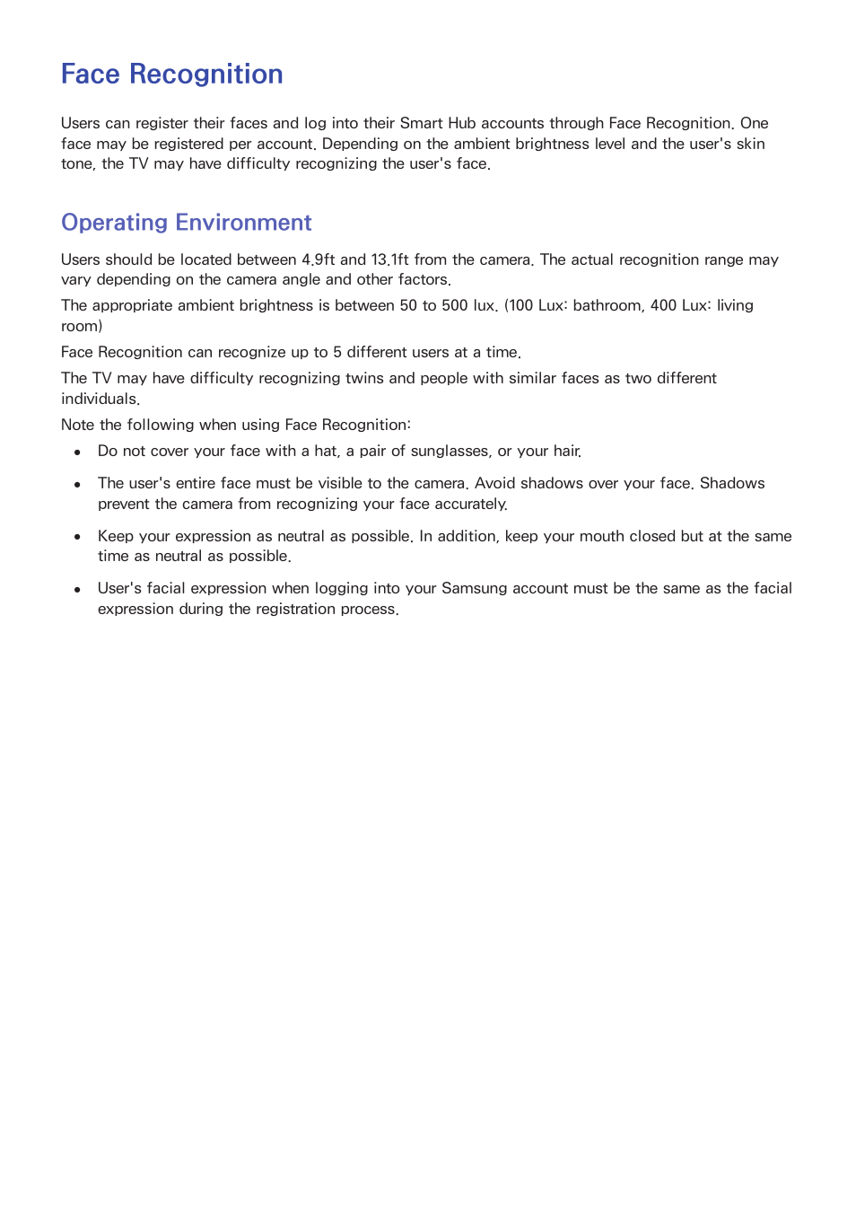 Face recognition, 59 operating environment, Operating environment | Samsung KN55S9CAFXZA User Manual | Page 66 / 172