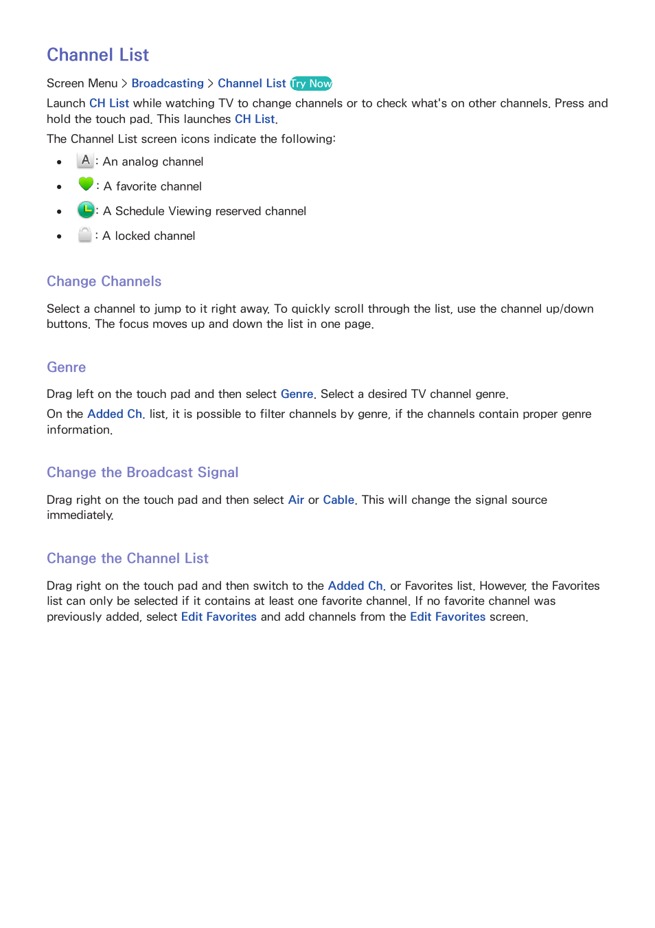 66 channel list, Change channels, 66 genre | Change the broadcast signal, Change the channel list, Channel list | Samsung KN55S9CAFXZA User Manual | Page 73 / 172