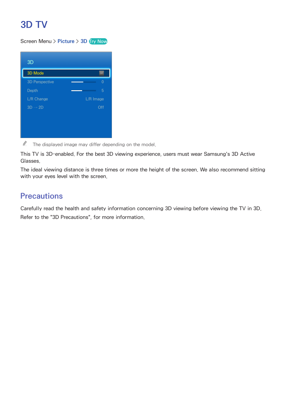3d tv, 69 precautions, Precautions | Samsung KN55S9CAFXZA User Manual | Page 76 / 172