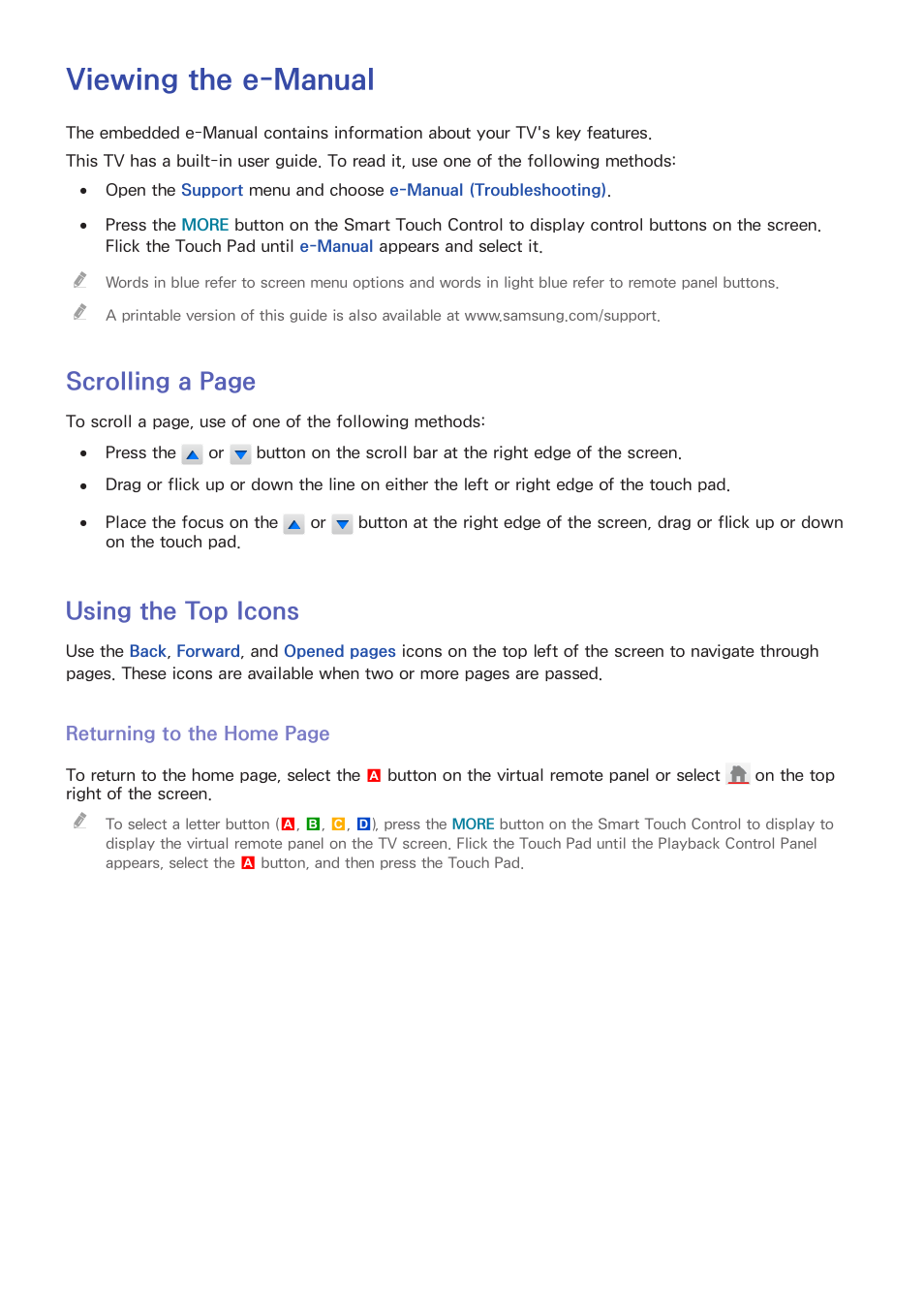 E-manual guide, Viewing the e-manual, Using the top icons | Scrolling a page | Samsung KN55S9CAFXZA User Manual | Page 8 / 172