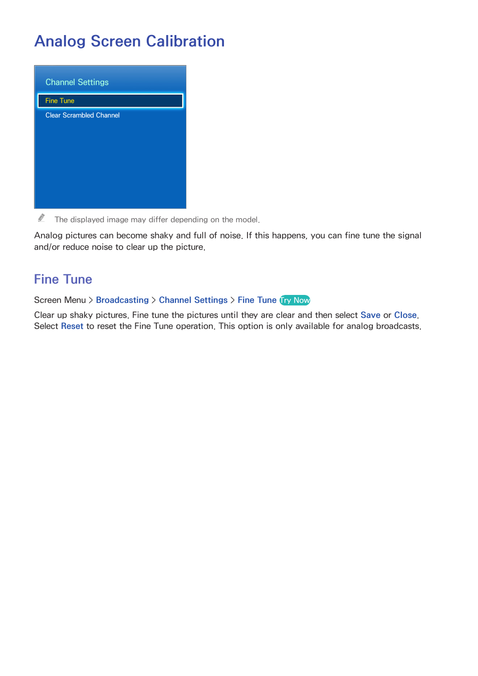 Analog screen calibration, 76 fine tune, Fine tune | Samsung KN55S9CAFXZA User Manual | Page 83 / 172