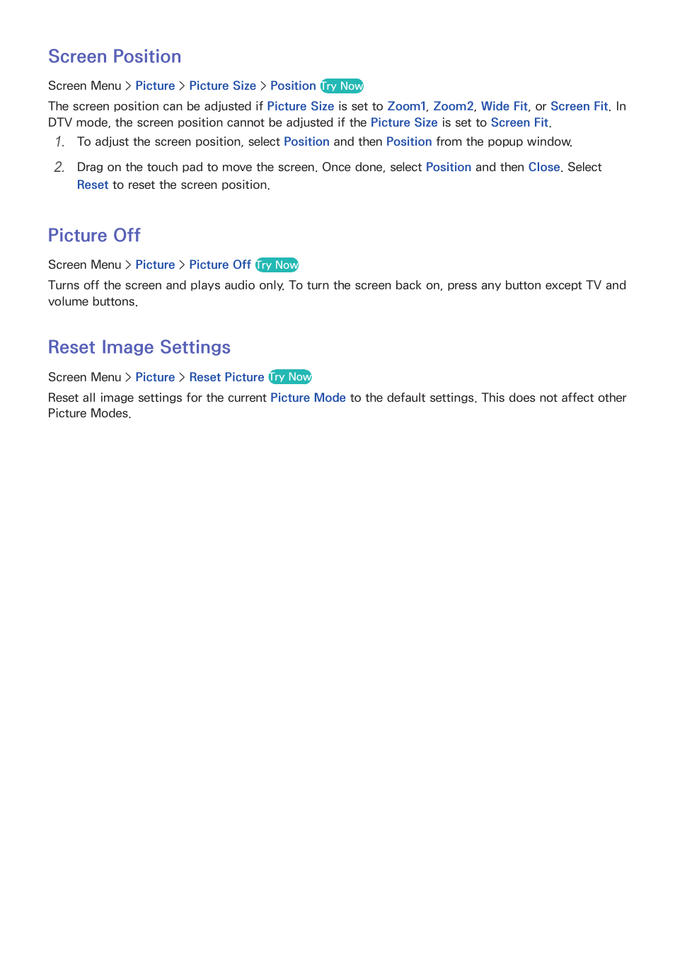 83 screen position, 83 picture off, 83 reset image settings | Screen position, Picture off, Reset image settings | Samsung KN55S9CAFXZA User Manual | Page 90 / 172
