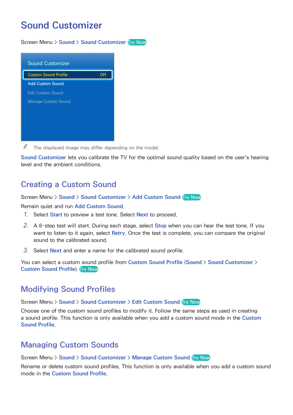 Sound customizer, 90 creating a custom sound, 90 modifying sound profiles | 90 managing custom sounds, Creating a custom sound, Modifying sound profiles, Managing custom sounds | Samsung KN55S9CAFXZA User Manual | Page 97 / 172