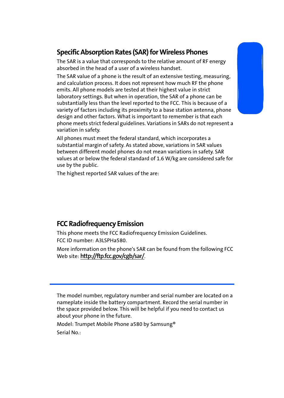 Owner’s record, Fcc radiofrequency emission | Samsung SPH-A580ZKAAFT User Manual | Page 147 / 156