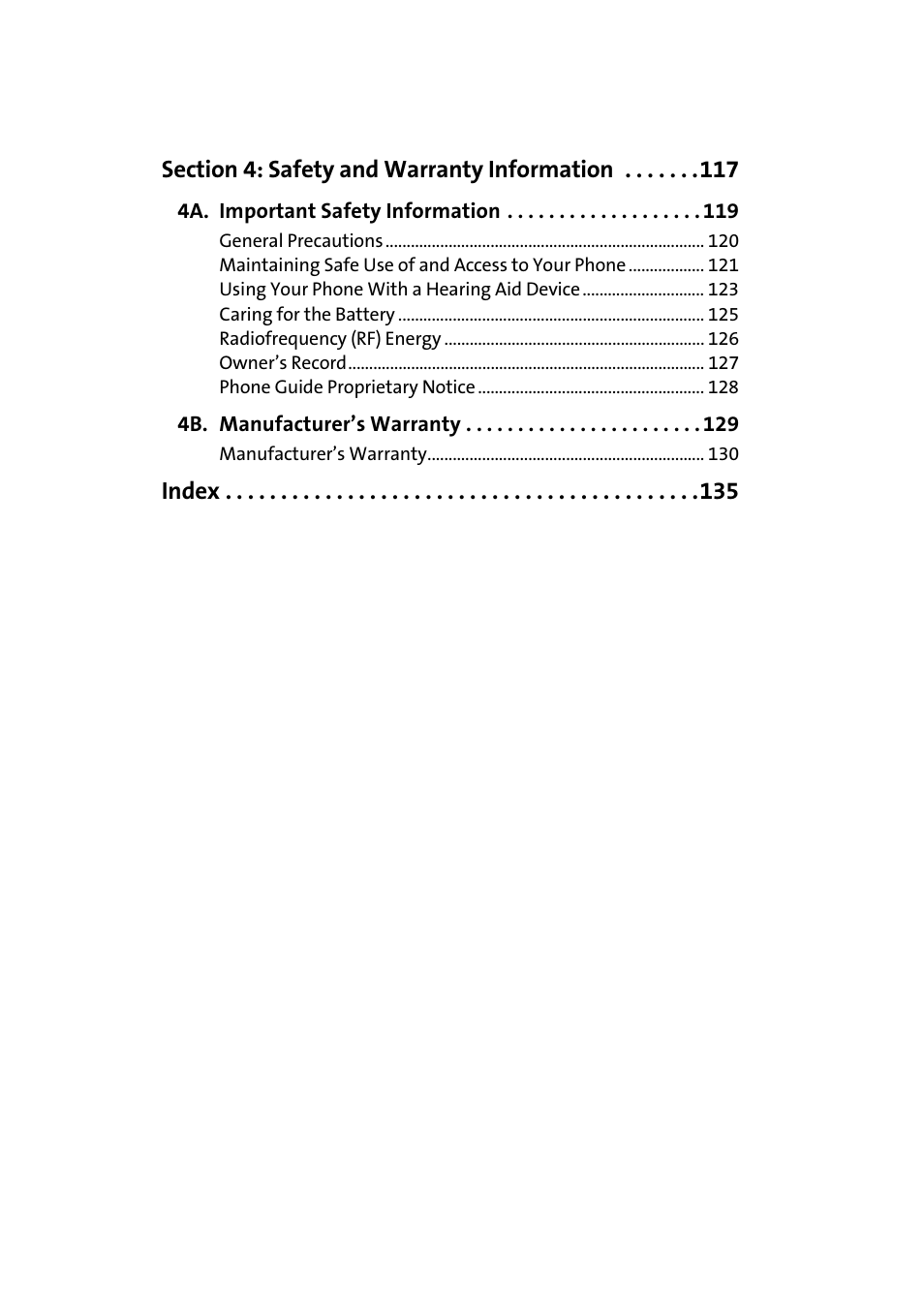 Section 4: safety and warranty information 117, 4a. important safety information 119, 4b. manufacturer’s warranty 129 | Samsung SPH-A580ZKAAFT User Manual | Page 5 / 156