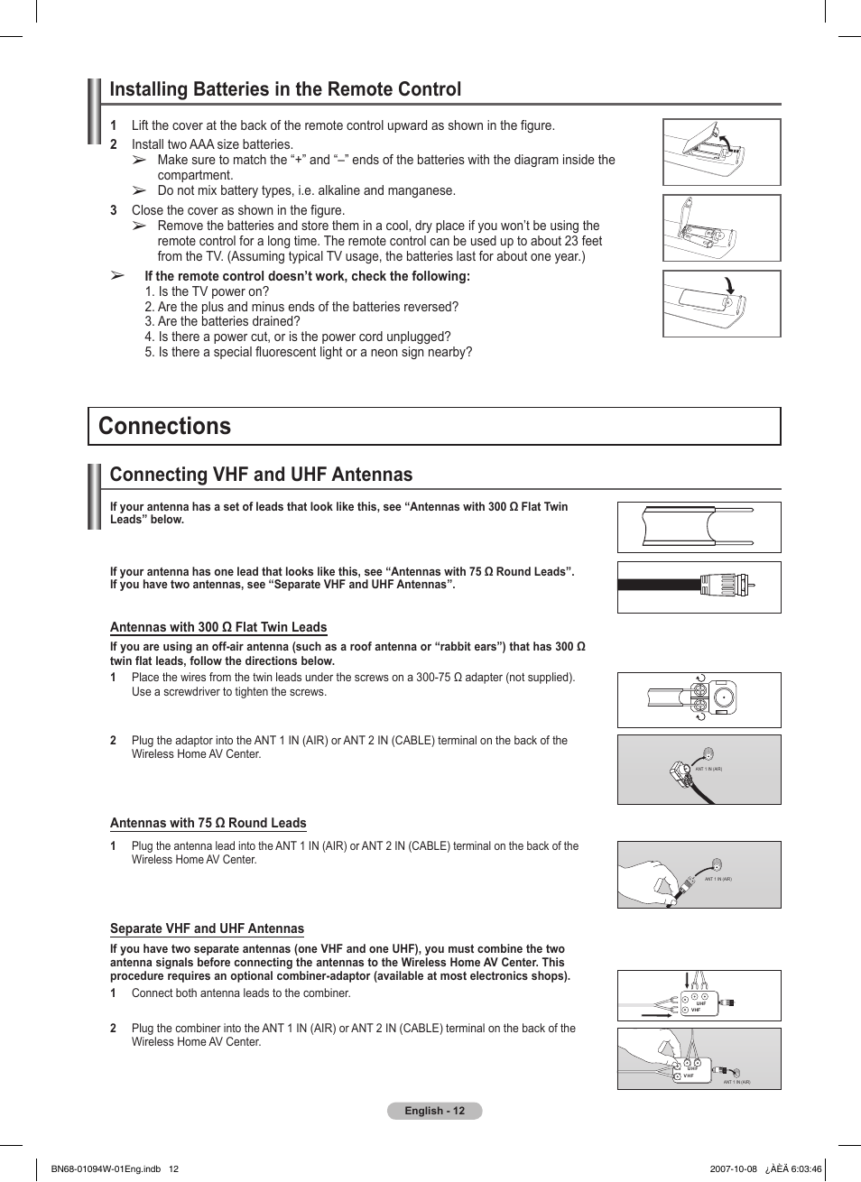 Installing batteries in the remote control, Connections, Connecting vhf and uhf antennas | Samsung FPT5894WX-XAA User Manual | Page 12 / 80