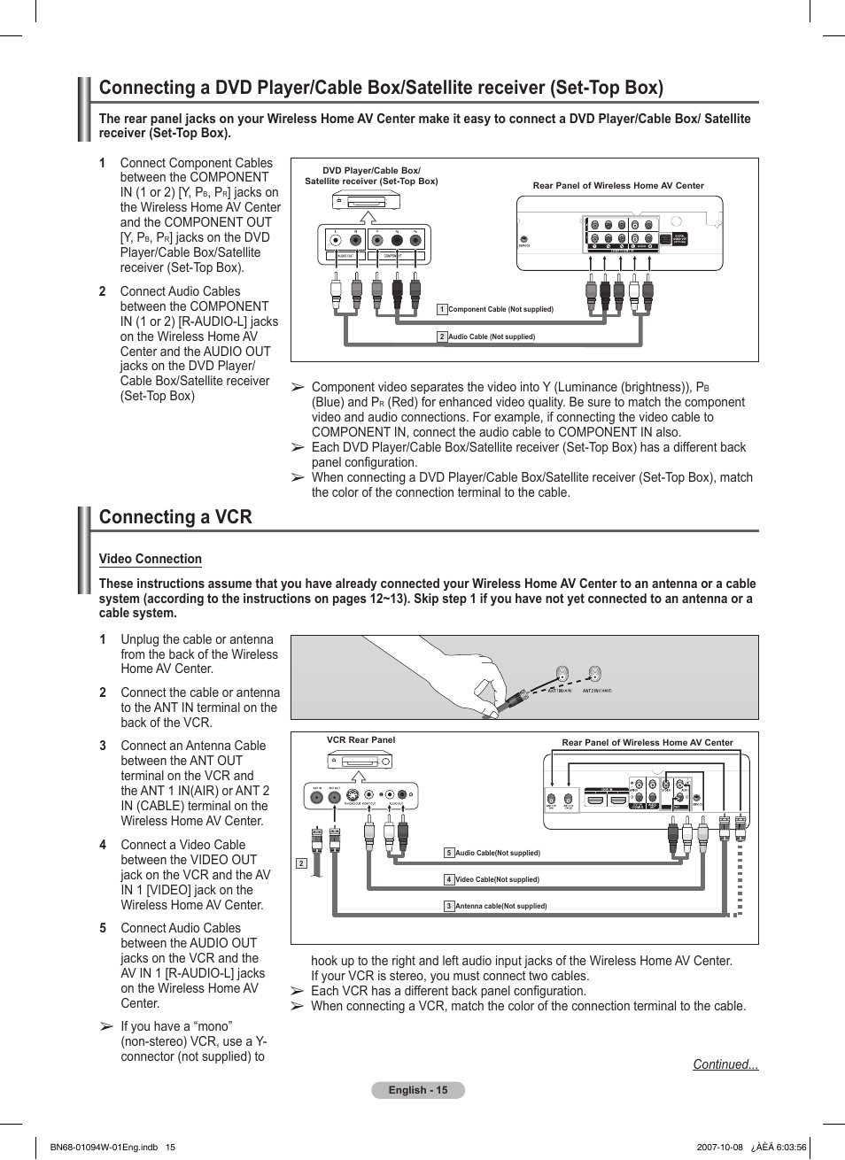 Connecting a vcr | Samsung FPT5894WX-XAA User Manual | Page 15 / 80