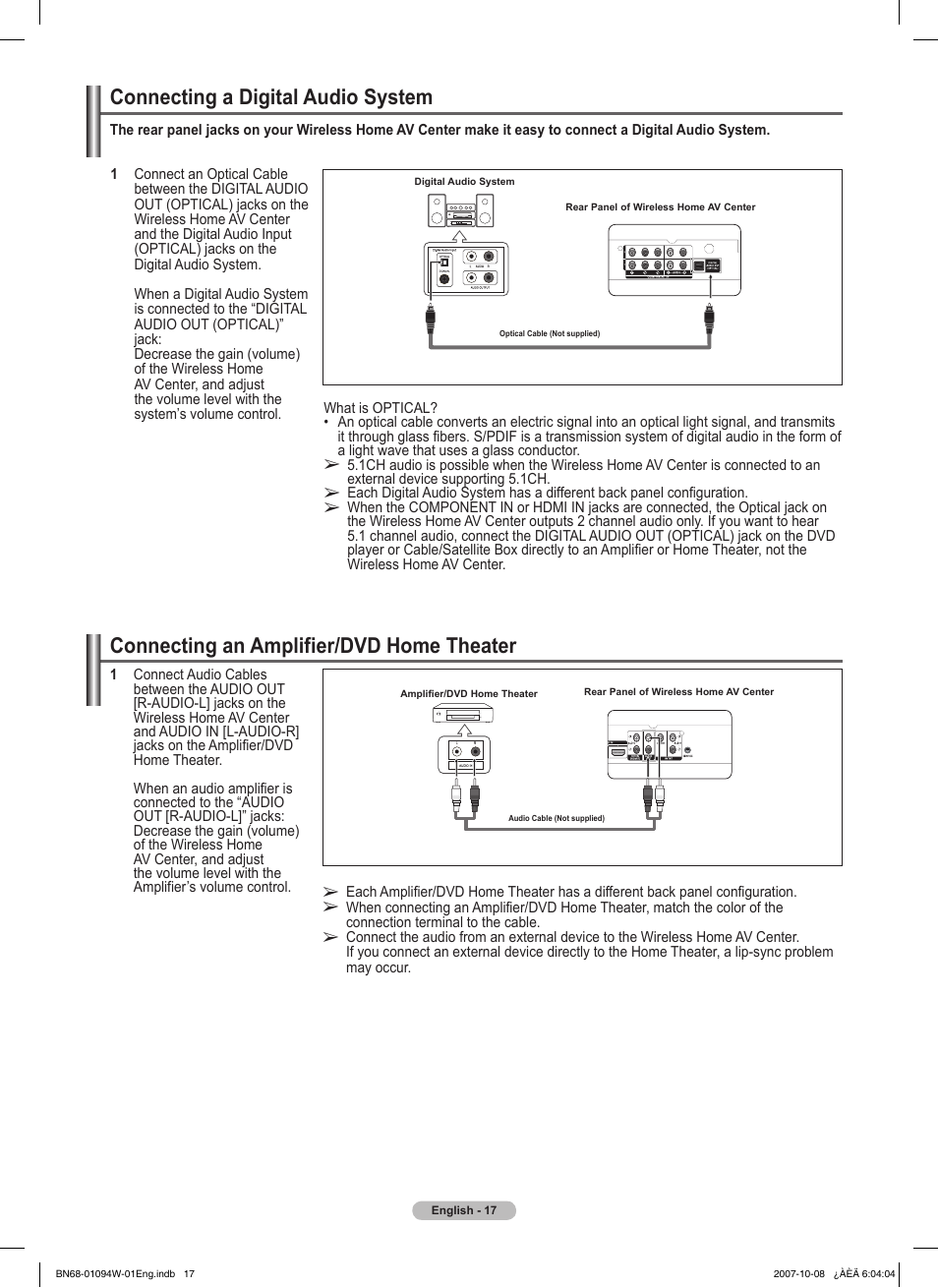 Connecting a digital audio system, Connecting an amplifier/dvd home theater | Samsung FPT5894WX-XAA User Manual | Page 17 / 80