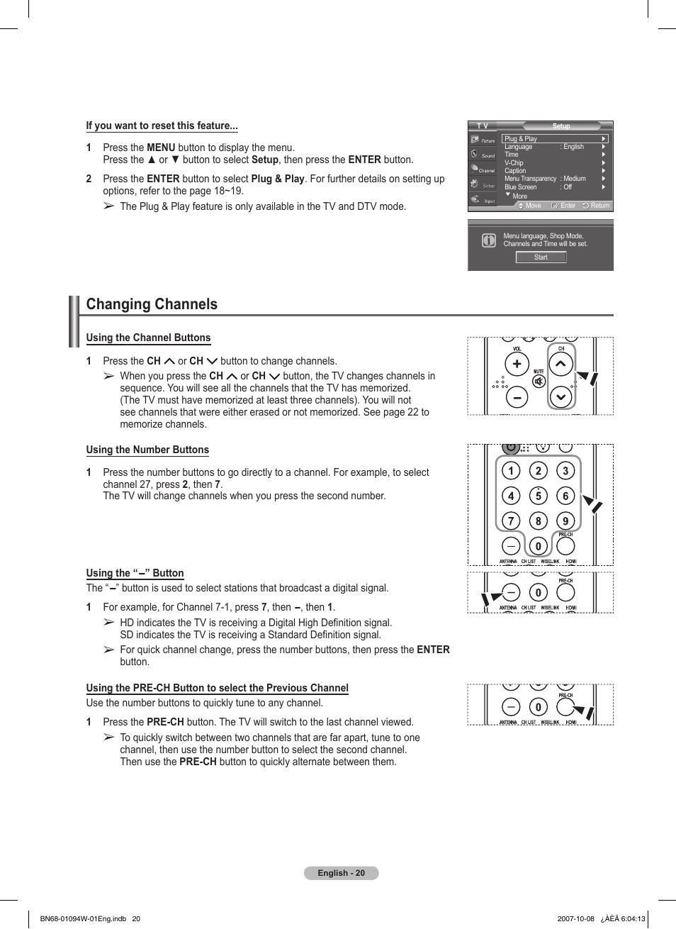 Changing channels | Samsung FPT5894WX-XAA User Manual | Page 20 / 80