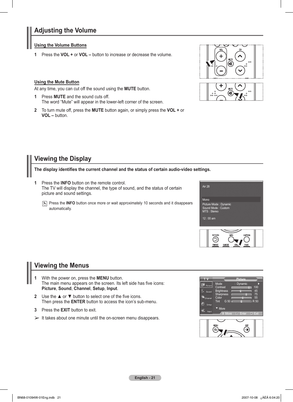 Adjusting the volume, Viewing the display, Viewing the menus | Samsung FPT5894WX-XAA User Manual | Page 21 / 80