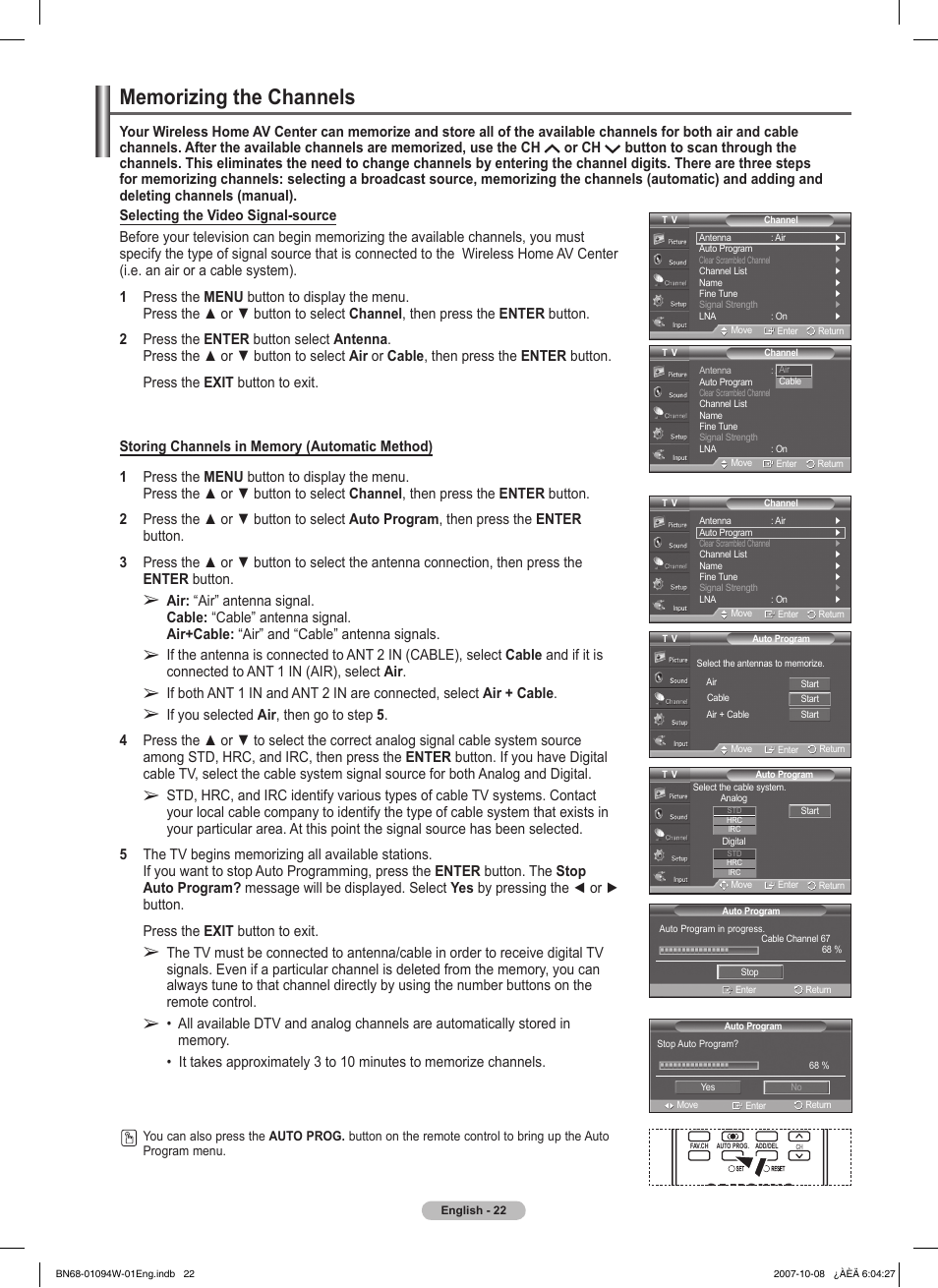 Memorizing the channels | Samsung FPT5894WX-XAA User Manual | Page 22 / 80