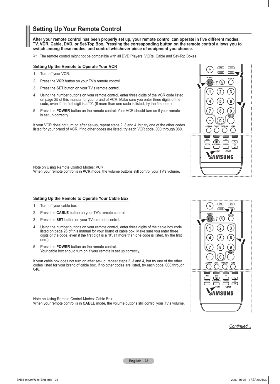 Setting up your remote control | Samsung FPT5894WX-XAA User Manual | Page 23 / 80