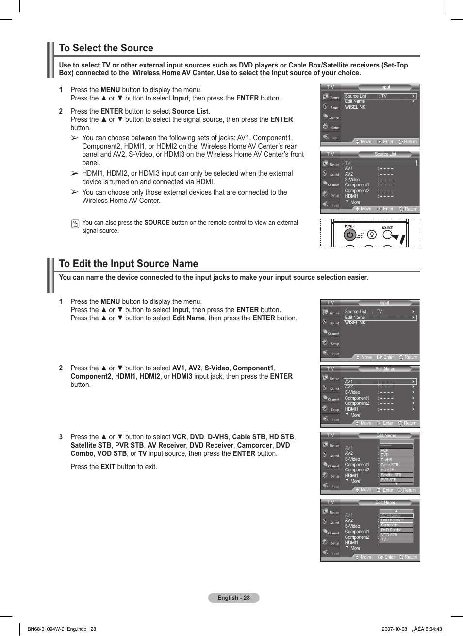 To select the source, To edit the input source name | Samsung FPT5894WX-XAA User Manual | Page 28 / 80